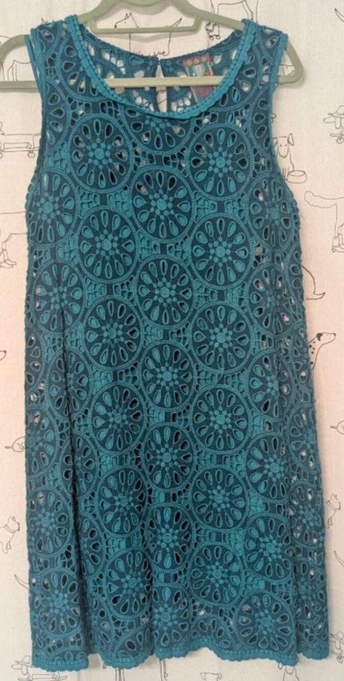 Johnny Was 70's Eyelet Teal Crochet Dress Sleeveless Peasant Beachy Boho Small